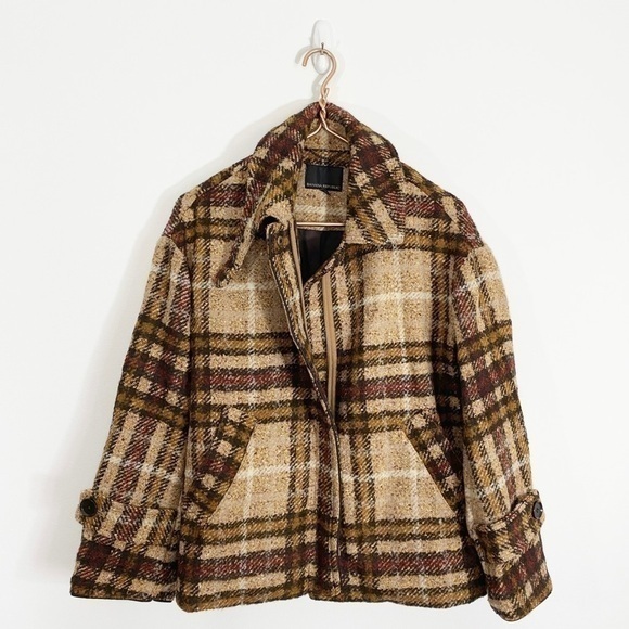 Banana Republic XS‎ Plaid Wool Balmacaan Full Zip Coat Oversized Brown Neutral - Picture 6 of 15